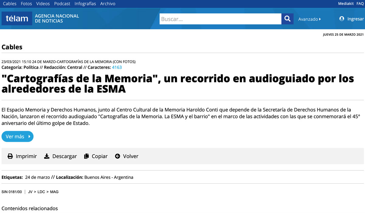 "Cartografías de la Memoria", un recorrido en audioguiado por los alrededores de la ESMA