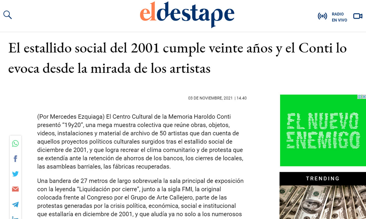 El Centro Cultural de la Memoria Haroldo Conti presentó “19y20