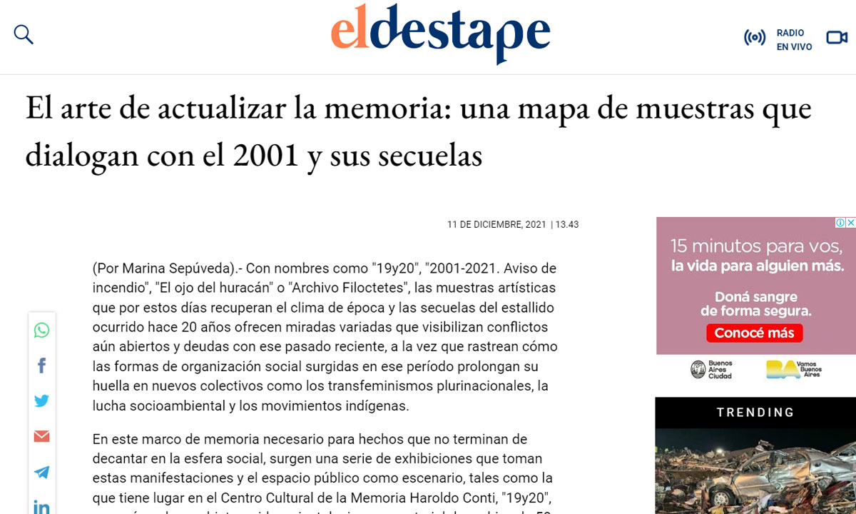 El arte de actualizar la memoria: una mapa de muestras que dialogan con el 2001 y sus secuelas