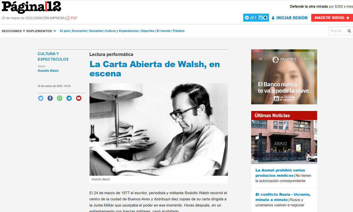 Lectura performática
La Carta Abierta de Walsh, en escena