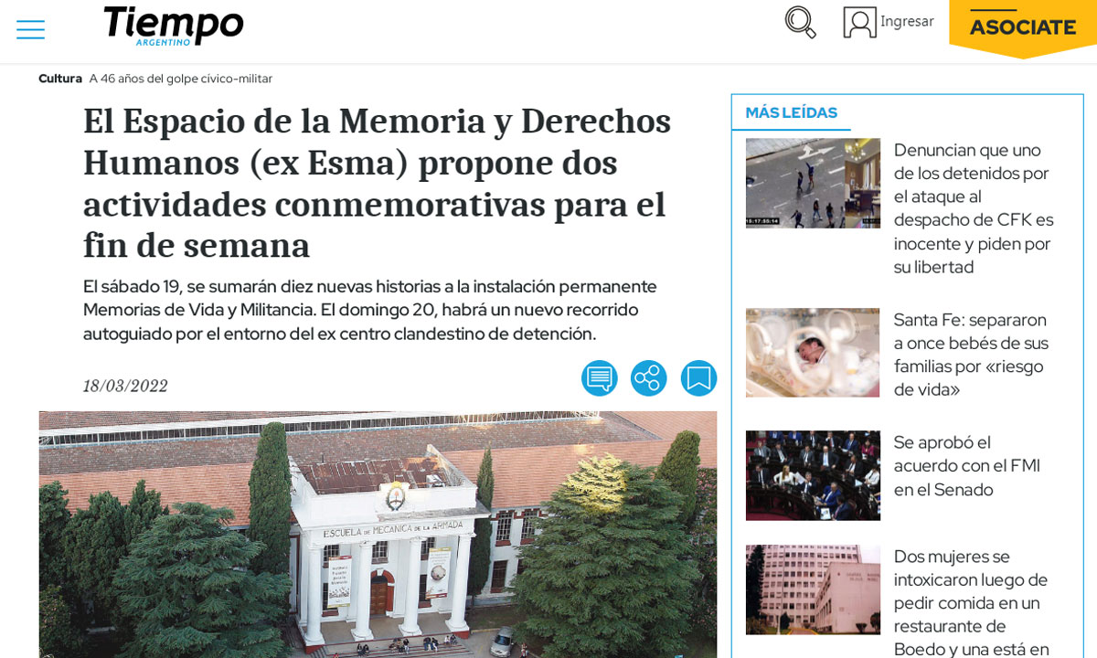 El Espacio de la Memoria y Derechos Humanos (ex Esma) propone dos actividades conmemorativas para el fin de semana