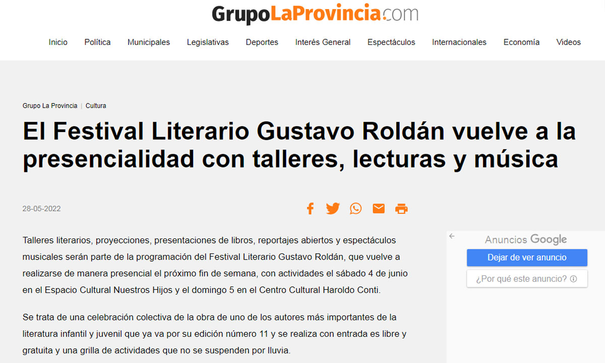 El Festival Literario Gustavo Roldán vuelve a la presencialidad con talleres, lecturas y música