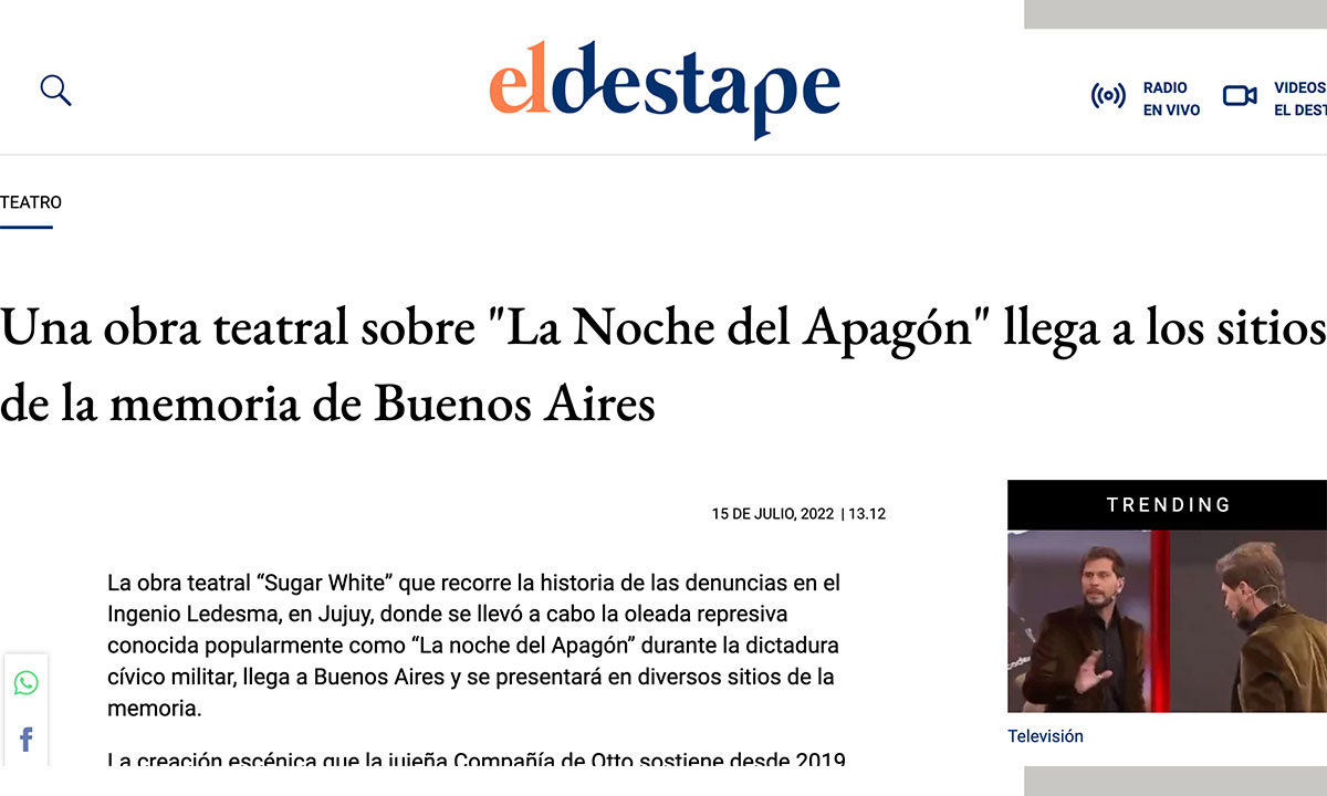 Una obra teatral sobre "La Noche del Apagón" llega a los sitios de la memoria de Buenos Aires