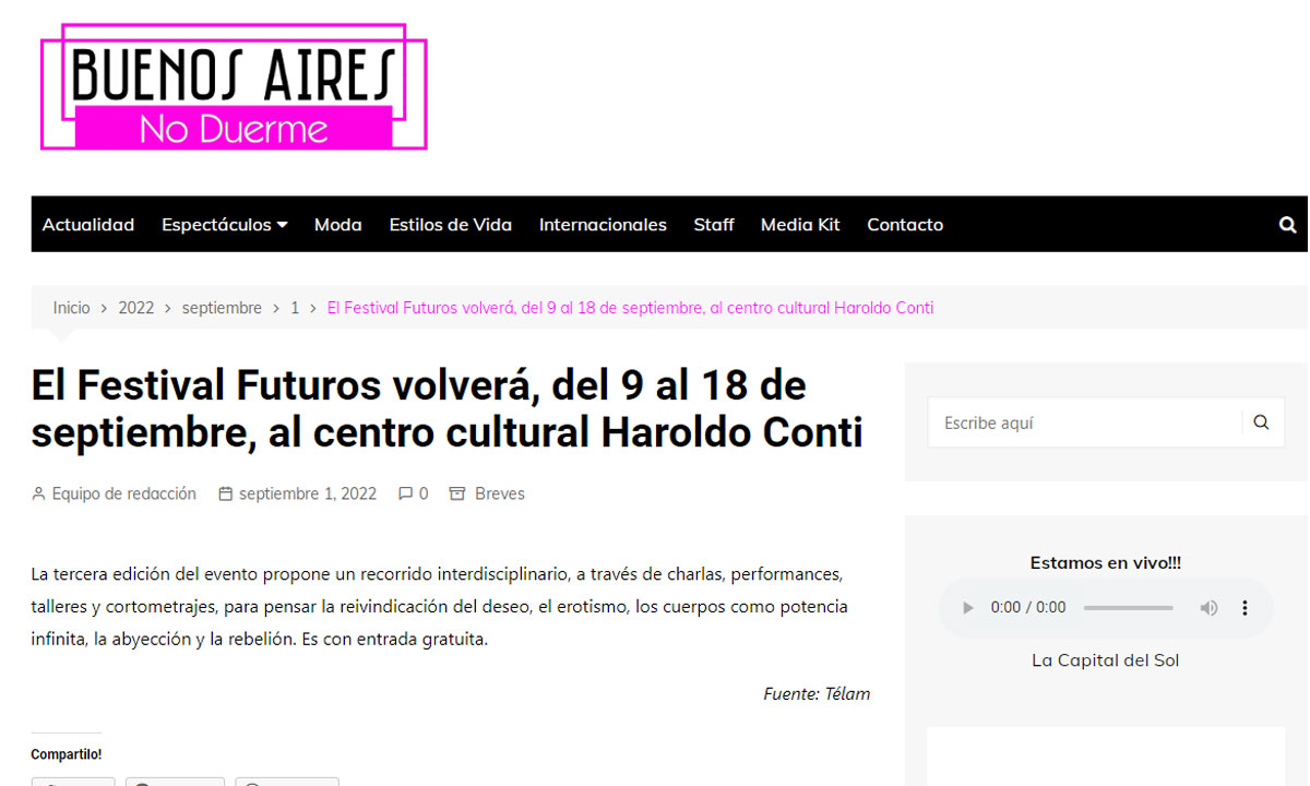 El Festival Futuros volverá, del 9 al 18 de septiembre, al centro cultural Haroldo Conti