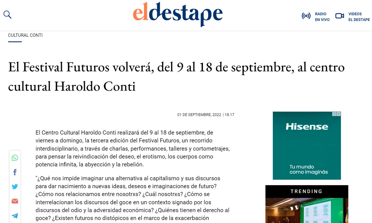 El Festival Futuros volverá, del 9 al 18 de septiembre, al centro cultural Haroldo Conti