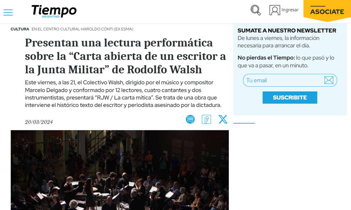 Presentan una lectura performática sobre la “Carta abierta de un escritor a la Junta Militar” de Rodolfo Walsh