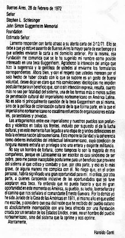 Carta de rechazo de la beca Guggenheim