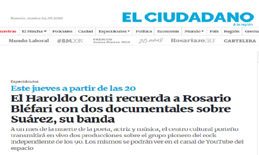 El Haroldo Conti recuerda a Rosario Bléfari con dos documentales sobre Suárez, su banda.

